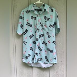 Graphic Just Attitude Cherry Blossom Pastel Blue Button Up Shirt Mens Sz Medium